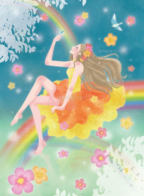 虹に座る春の女神と青い鳥[00832000036]の写真・イラスト素材｜アマナ