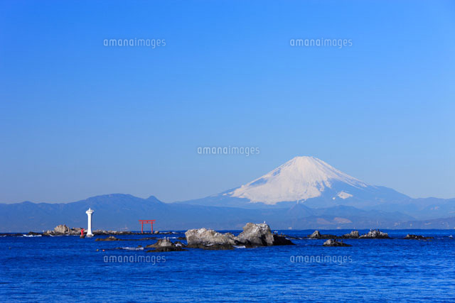 富士山と名島 菜島 の鳥居と葉山灯台 裕次郎灯台 の写真素材 イラスト素材 アマナイメージズ