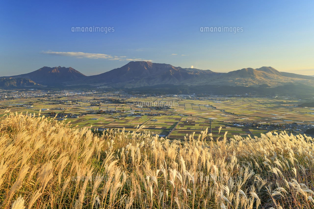大観峰から望む阿蘇山とススキの夕暮れ[01010047964]の写真・イラスト