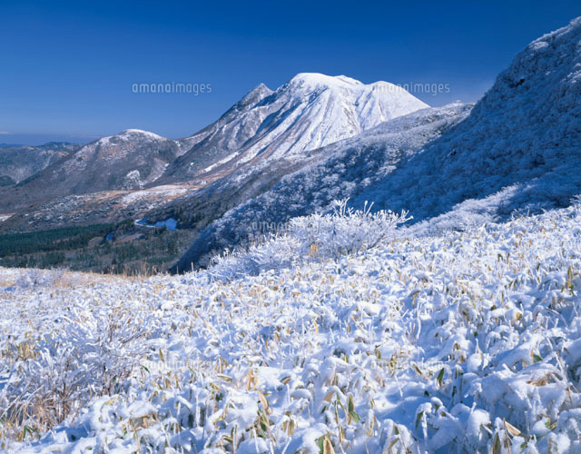 雪の牧ノ戸峠から見る三俣山 九重町 大分県[01597002801]の写真