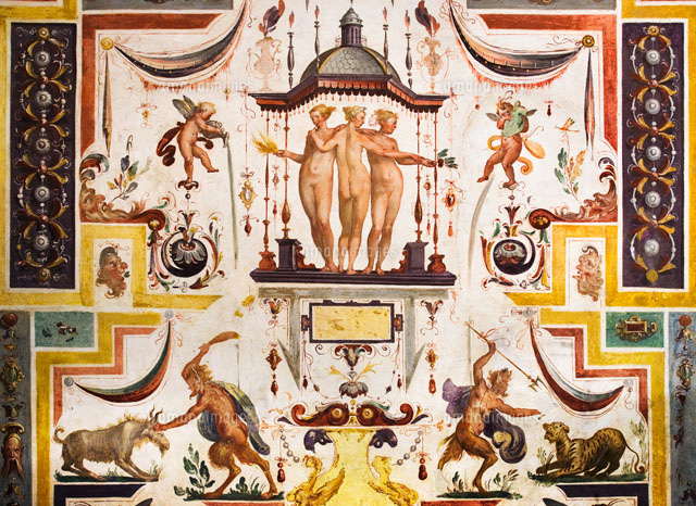 庭園宮殿の三美神の間の三美神のフレスコ画[01888608863]の写真