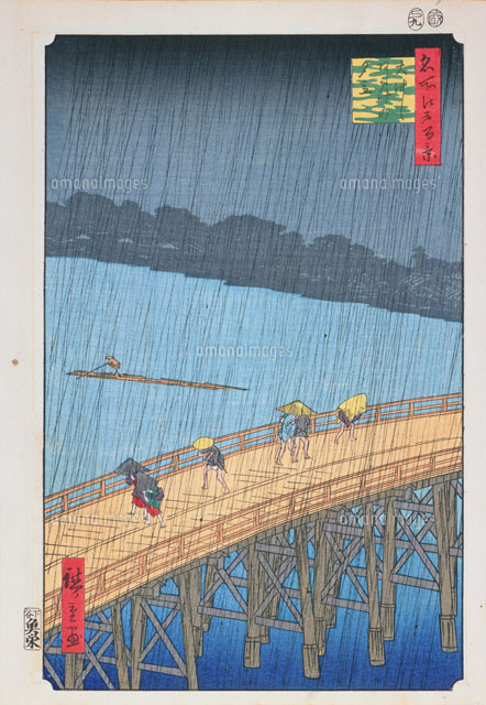 大橋拓子「記憶の風景」 額装● 日本画作品 人の内面を描き出してます● 江戸百景 大橋安宅の夕立[02022347421]の写真・イラスト素材｜アマナ