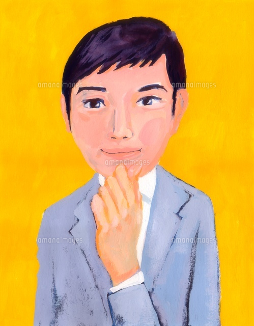 グレーのスーツを着て顎に手をやり考える若手ビジネスマン の写真素材 イラスト素材 アマナイメージズ