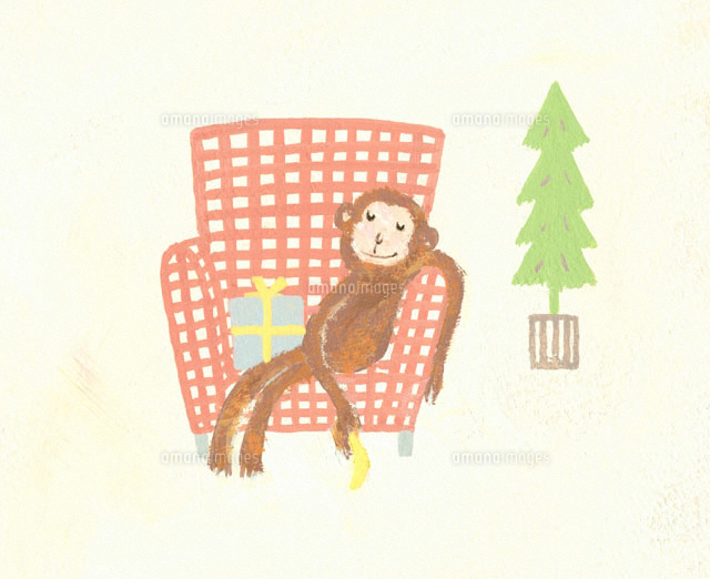 ソファーに座る猿とプレゼント イラスト の写真素材 イラスト素材 アマナイメージズ