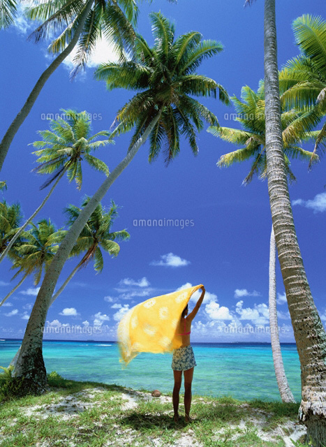 ヤシの木と海と後ろ姿の女性 マーシャル の写真素材 イラスト素材 アマナイメージズ