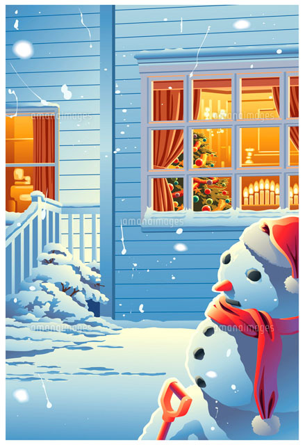 雪だるまと家の明かり の写真素材 イラスト素材 アマナイメージズ