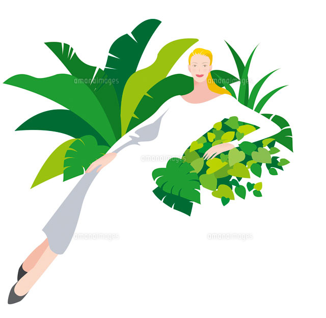 緑の観葉植物に横たわる白いドレスの女性 の写真素材 イラスト素材 アマナイメージズ