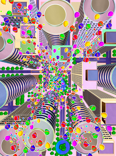 真俯瞰のビル群と風船 の写真素材 イラスト素材 アマナイメージズ