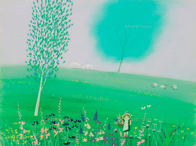 夏花を集める少女と丘のヤギと羊たち の写真素材 イラスト素材 アマナイメージズ