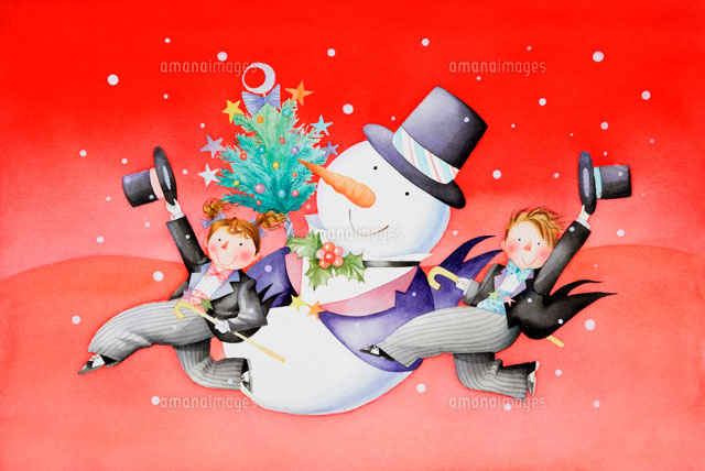 スノーマンとクリスマスを祝う少年少女 の写真素材 イラスト素材 アマナイメージズ