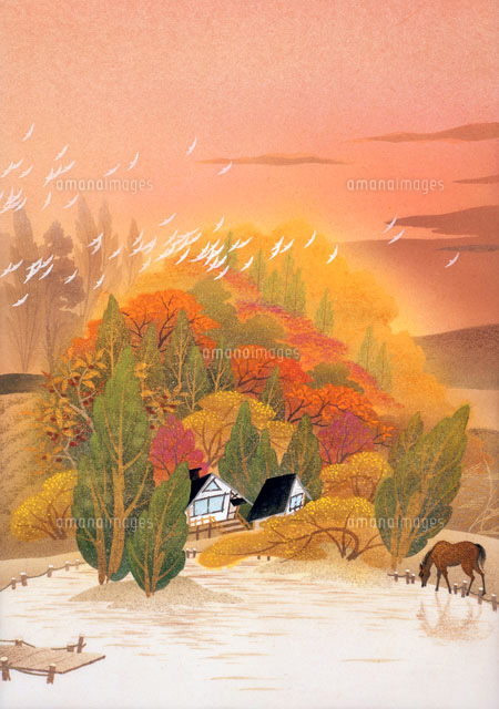 秋の風景画 湖の絵 湖畔の秋」 by misa.c｜Artmeter｜暮らしを彩るアートが、きっと