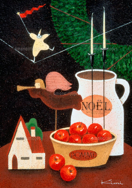 リンゴと燭台 クリスマスリースとピエロ の写真素材 イラスト素材 アマナイメージズ