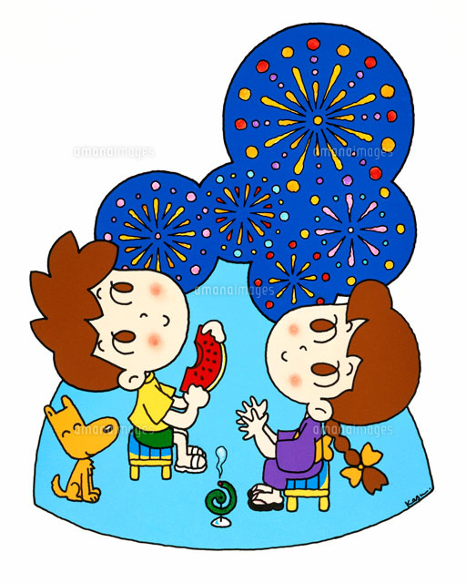 夏の夜の風物詩は花火とスイカ の写真素材 イラスト素材 アマナイメージズ