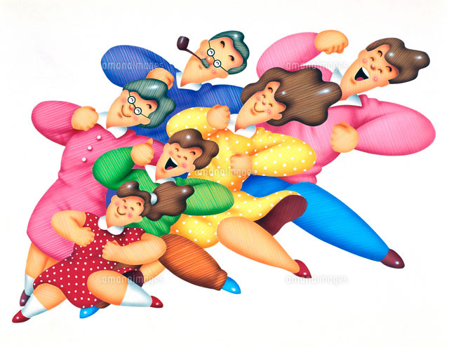 女の子を先頭に走り並んでいる家族 の写真素材 イラスト素材 アマナイメージズ