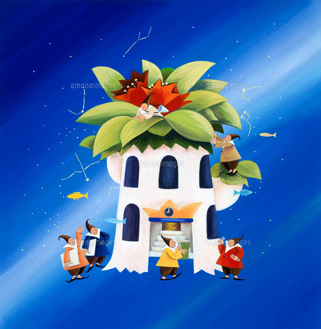 植物のイメージの校舎と生徒6人 理科 の写真素材 イラスト素材 アマナイメージズ