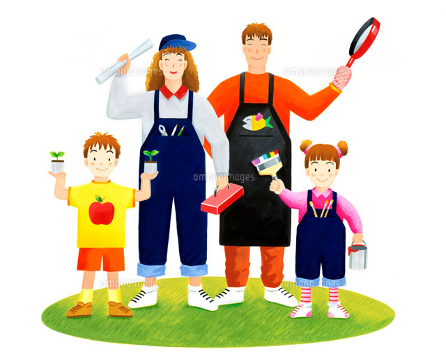 正面向くママと娘と料理パパと園芸少年 の写真素材 イラスト素材 アマナイメージズ