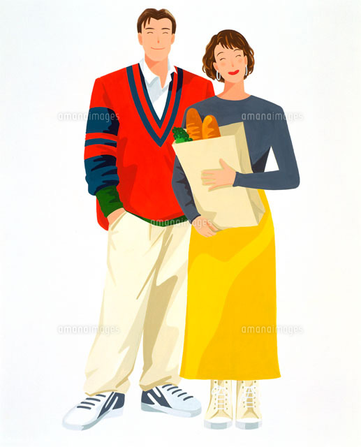 フランスパンのショッピング袋持つカップル の写真素材 イラスト素材 アマナイメージズ