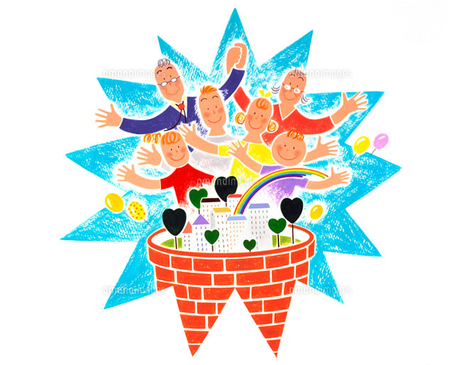 植木鉢で虹や風船のある街を育てる6人家族 の写真素材 イラスト素材 アマナイメージズ