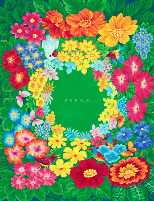 花とインコの背景 の写真素材 イラスト素材 アマナイメージズ