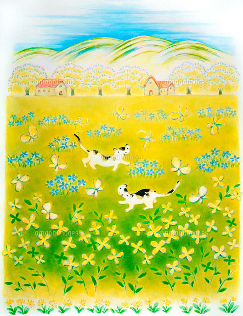 花咲く春の野に蝶と遊ぶ猫のメルヘン の写真素材 イラスト素材 アマナイメージズ