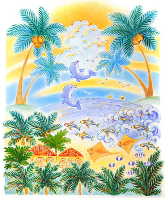 ヤシの木とイルカが遊ぶトロピカルメルヘン[02237002956]の写真
