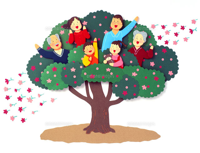 花の咲く大きな木の中の6人家族 の写真素材 イラスト素材 アマナイメージズ