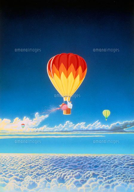 雲海の上の気球から花を蒔く[02237003094]の写真・イラスト素材