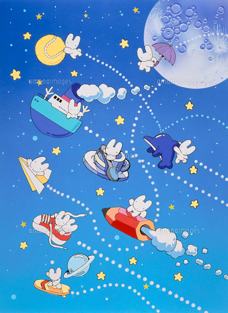 星空に飛び交う兎やイルカや鉛筆 の写真素材 イラスト素材 アマナイメージズ