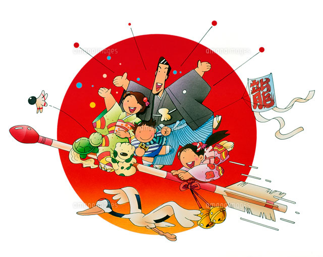 手描きイラスト 太陽と親子 太陽を背に矢に乗って飛ぶ家族[02237003291]の写真・イラスト素材