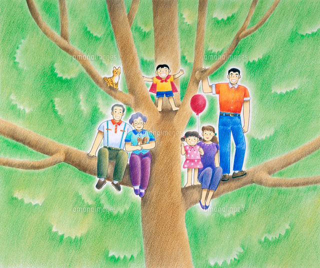 大きな木の枝に座る家族3世代と猫やリス の写真素材 イラスト素材 アマナイメージズ