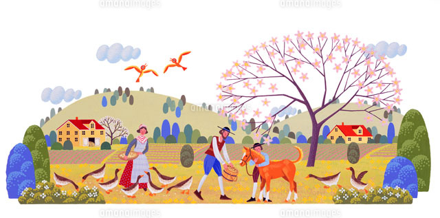 馬とアヒルに餌をやる3人の家族 の写真素材 イラスト素材 アマナイメージズ