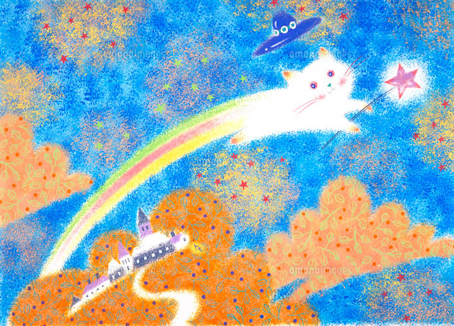 虹色の尾を引いて飛ぶ星を持つ白猫[02237003932]の写真・イラスト素材