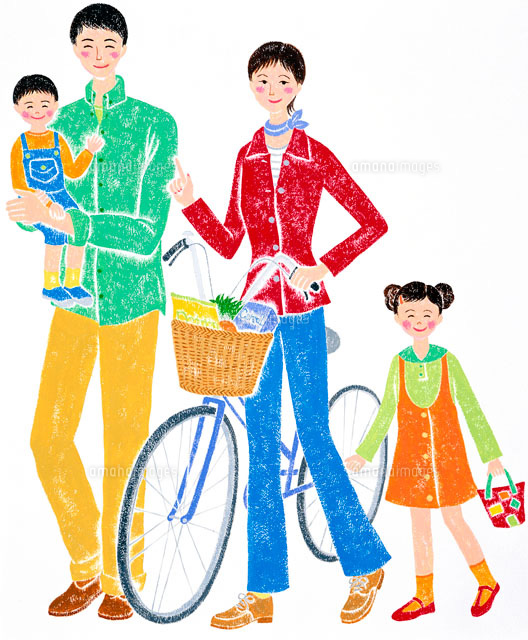 自転車で買い物をする4人家族[02237004042]の写真素材・イラスト素材 