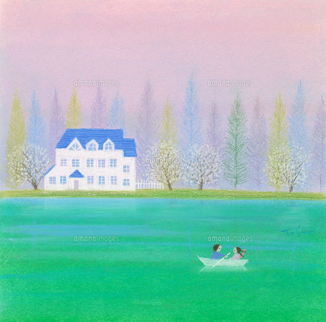 早春の湖にボートを浮かべて2人の時間 の写真素材 イラスト素材 アマナイメージズ