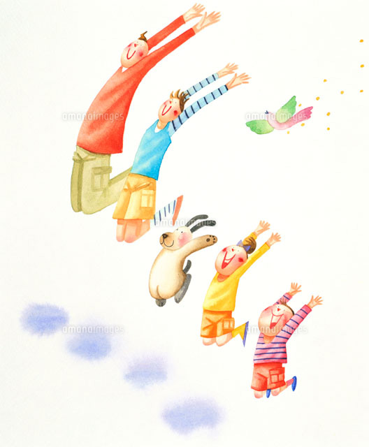ジャンプする家族と犬と幸せを運ぶ鳥 の写真素材 イラスト素材 アマナイメージズ