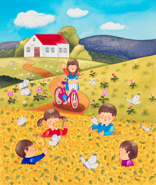 菜の花畑にちょうちょうと子供達 の写真素材 イラスト素材 アマナイメージズ