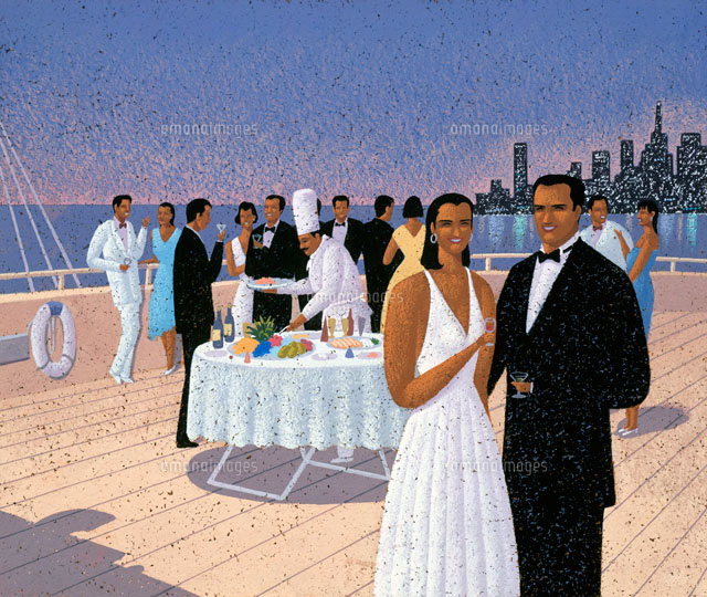 夜景をバックに船上パーティーを楽しむ人々 の写真素材 イラスト素材 アマナイメージズ