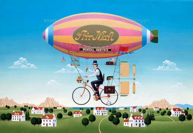 自転車のついた飛行船に乗って郵便配達 の写真素材 イラスト素材 アマナイメージズ