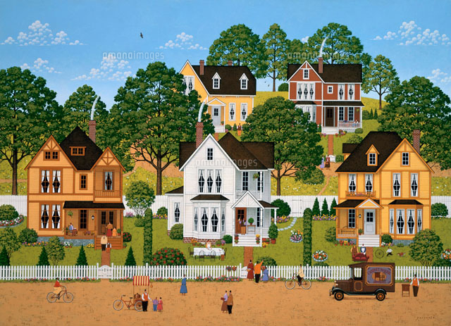 庭のある家並み日常の人々 の写真素材 イラスト素材 アマナイメージズ