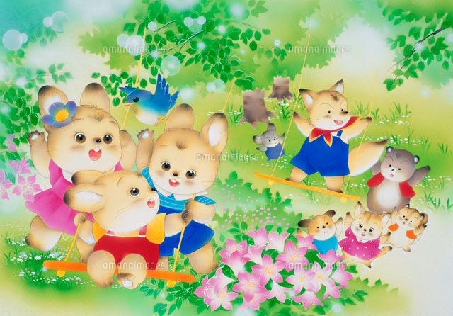 ウサギ　ブランコで遊ぶウサギ AI生成画像、笑顔の三日月のブランコに乗って遊ぶウサギさんのイラスト