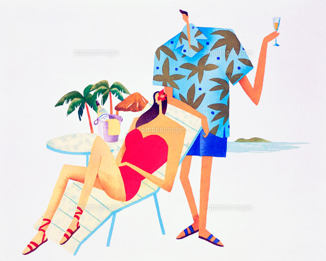 ビーチチェアで水着姿の女性とアロハの男性 の写真素材 イラスト素材 アマナイメージズ