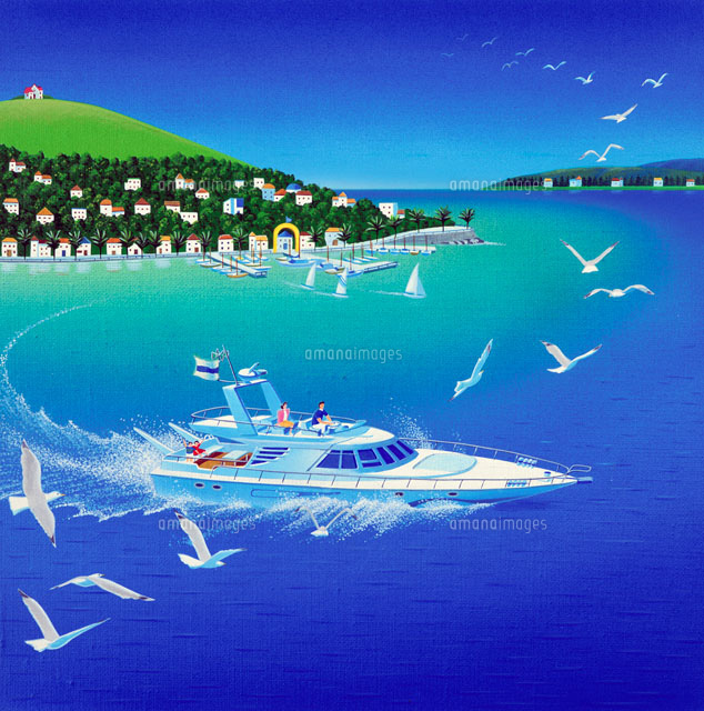 クルーザーに乗るファミリーイラスト小旅行 の写真素材 イラスト素材 アマナイメージズ