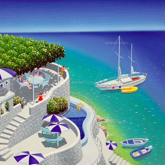 夏海辺の避暑地でくつろぐ家族沖には白い船 の写真素材 イラスト素材 アマナイメージズ