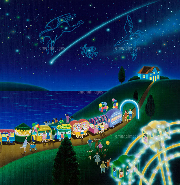 夜店と観覧車と流れ星のイラスト の写真素材 イラスト素材 アマナイメージズ