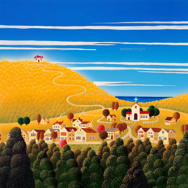 秋の雲がたなびく教会のある街のイラスト 02237006075 の写真素材 イラスト素材 アマナイメージズ