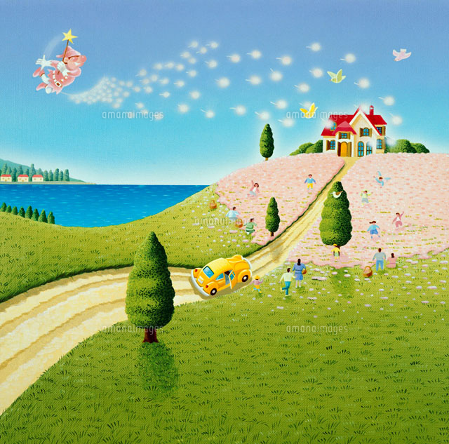 緑色の草原をピンク色の花畑に変える妖精 の写真素材 イラスト素材 アマナイメージズ