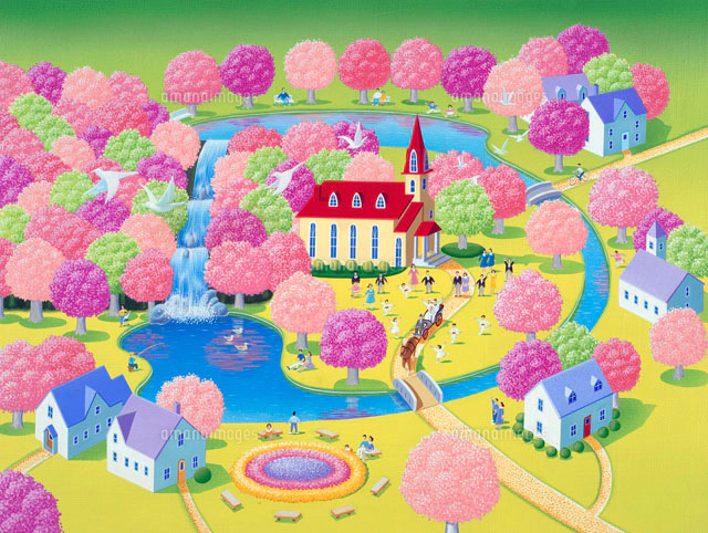 赤い屋根の家並が見える北海道風の田園風景[02237003128]の写真