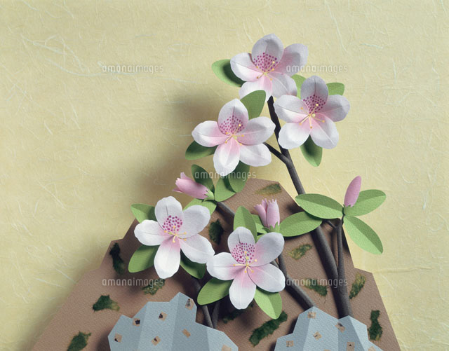 ペーパークラフト ツツジと岩 春 の写真素材 イラスト素材 アマナイメージズ