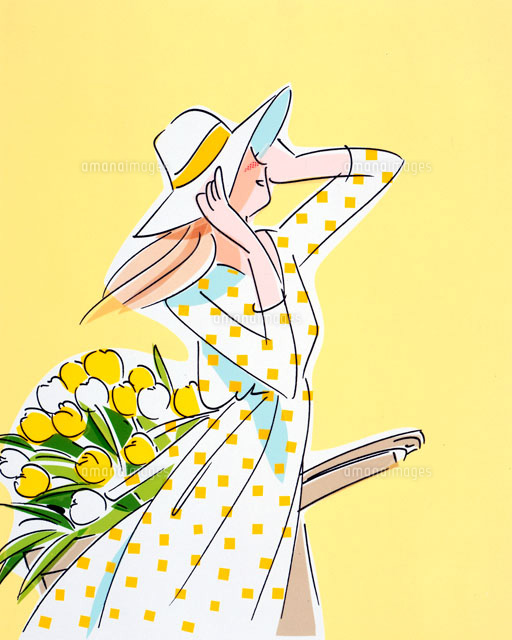 ワンピースの女性と黄色いチューリップ の写真素材 イラスト素材 アマナイメージズ