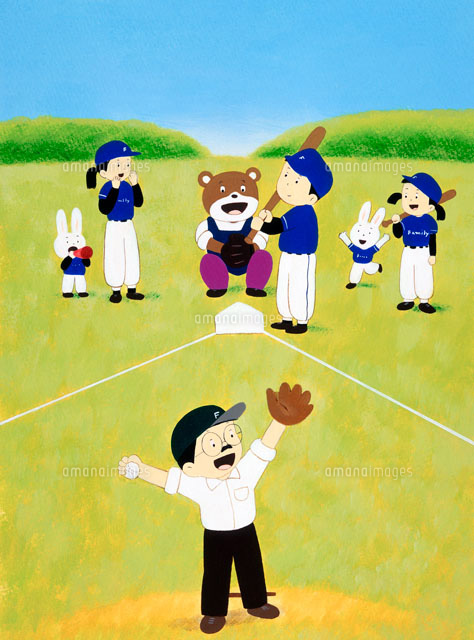 野球をする人達と動物 の写真素材 イラスト素材 アマナイメージズ